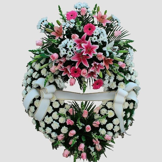 Corona de flores fúnebre blanca y rosa especial para tanatorio